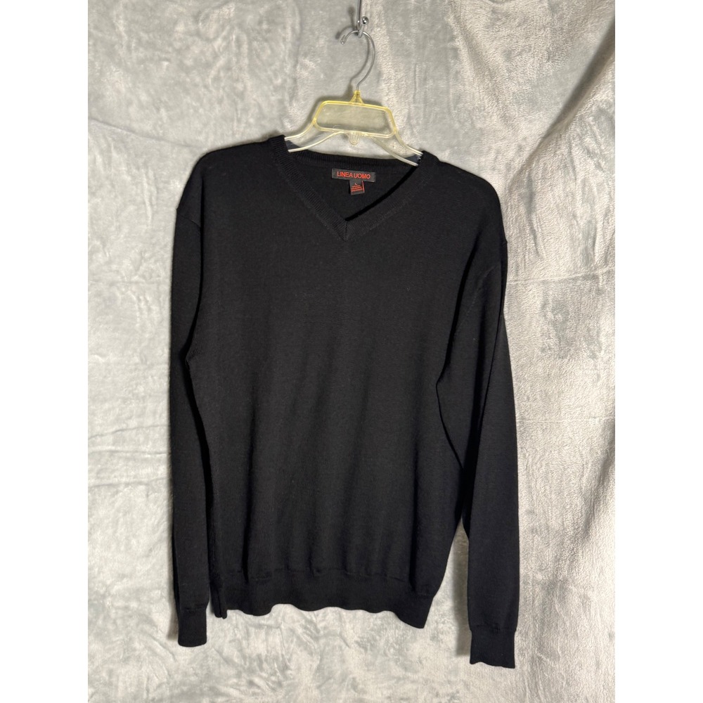 Linea Uomo Mens‎ V-Neck Sweater Black Wool Blend Knit Pullover Size Large